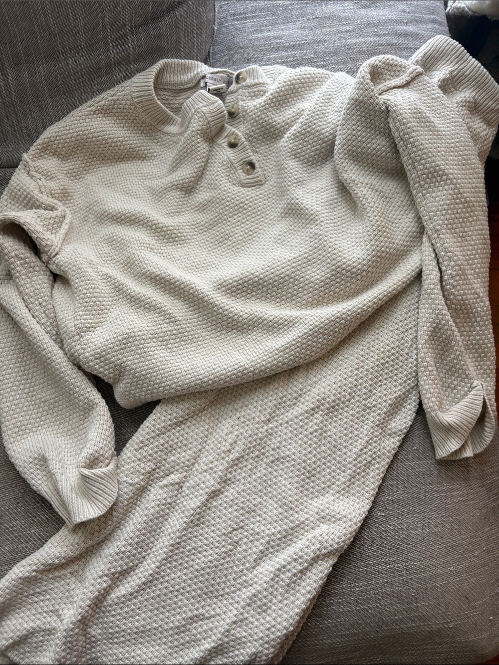 Sincerely Jules Cream Waffle-Knit Button Henley Sweater